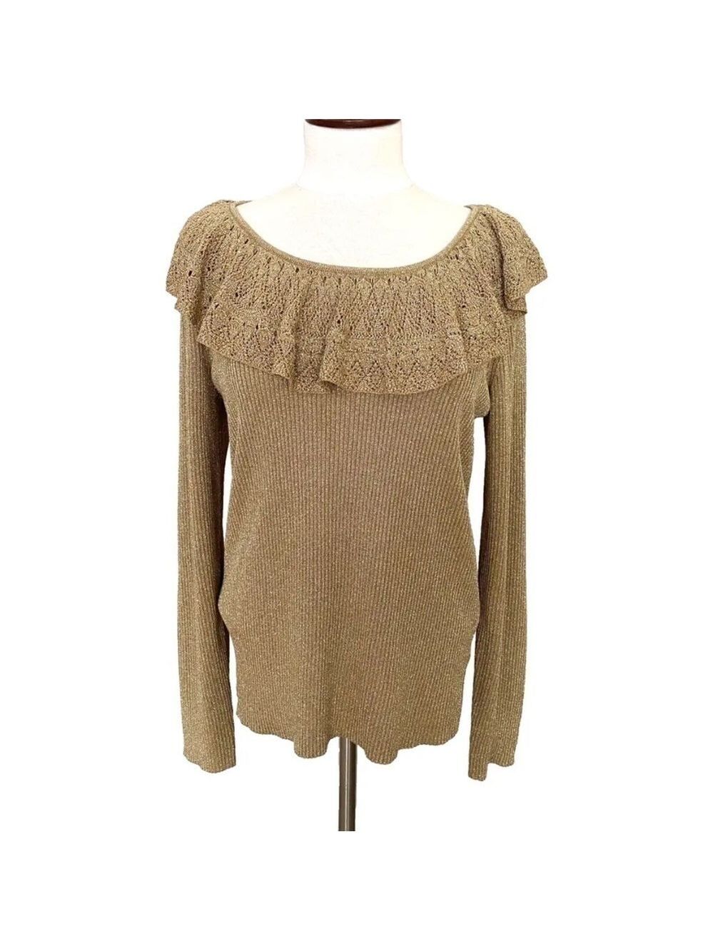 Lauren Ralph Lauren Silk Blend Gold Metallic Sweater Ribbed Ruffle Womens XL